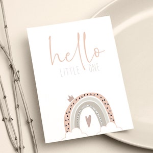 Postkarte "hello LITTLE ONE" mit süßem Regenbogen, Mädchen - im Format DIN A6 | Apricot/Beige | Grußkarte, Baby, Geburt, Taufe, Willkommen
