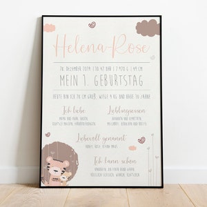 Meilensteintafel Mein 1. Geburtstag - Baby, Mädchen, Tiger, Geburtstagsposter, personalisiert