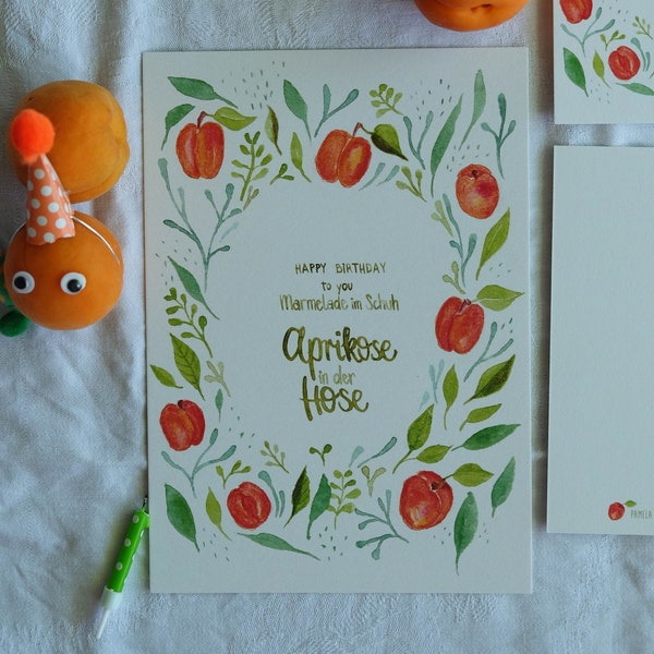 Geburtstagskarte Aprikose in der Hose | Postkarte im Set
