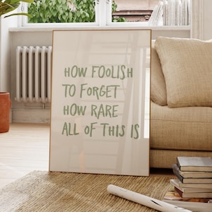 May include: A framed print with the text "HOW FOOLISH TO FORGET HOW RARE ALL OF THIS IS" in green lettering. The print is leaning against a beige sofa in a well-lit room with a large window and a potted plant.