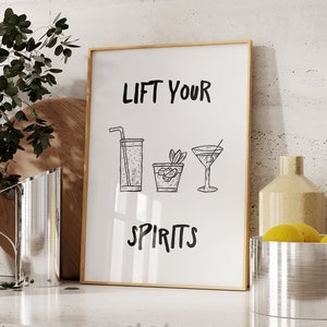 Lift Your Spirits barwagen print, barwagen decor, retro keuken kunst aan de muur, barwagen kunst, trendy muurkunst, drankjes print, digitale print