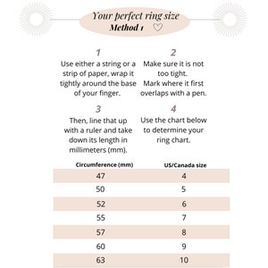 K&ouml;nnte beinhalten: Eine Tabelle, die zeigt, wie Sie Ihre Ringgr&ouml;&szlig;e mit einem Band und einem Lineal messen. Die Tabelle zeigt den Umfang des Fingers in Millimetern und die entsprechende US/Kanada-Ringgr&ouml;&szlig;e.