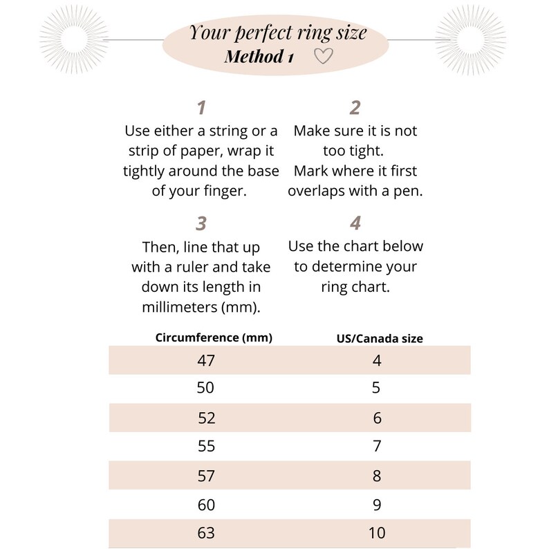 K&ouml;nnte beinhalten: Eine Tabelle, die zeigt, wie Sie Ihre Ringgr&ouml;&szlig;e mit einem Band und einem Lineal messen. Die Tabelle zeigt den Umfang des Fingers in Millimetern und die entsprechende US/Kanada-Ringgr&ouml;&szlig;e.