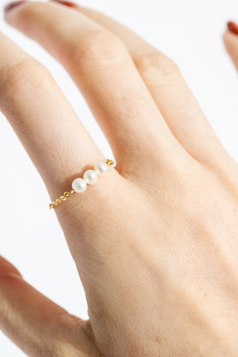 Solid gold pearl ring Freshwater pearls ring Bridesmaid ring Custom size ring 10k14k solid gold ring Gift for her natural materials image 1