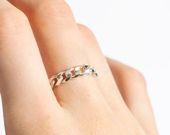 Sterling Silver Curb Chain Ring - Handmade Unisex Stacking Ring