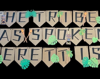 Survivor Birthday banner, Tiki torches, maze runner, jungle, survive, tiki party, beaches, stranded, palm trees, nature, green, blue, brown,