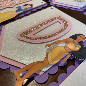 May include: A purple, pink, and white banner with a glitter finish. The banner features a large pink letter "D" with gold glitter accents. A cutout of Pocahontas from Disney's Pocahontas is on the banner.