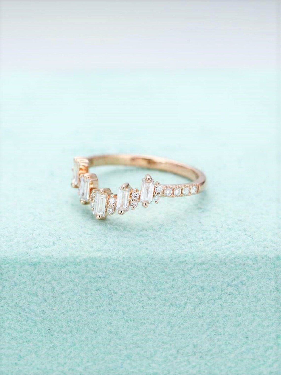 Baguette Wedding Band / 14k Rose Gold Baguette Diamond Etsy