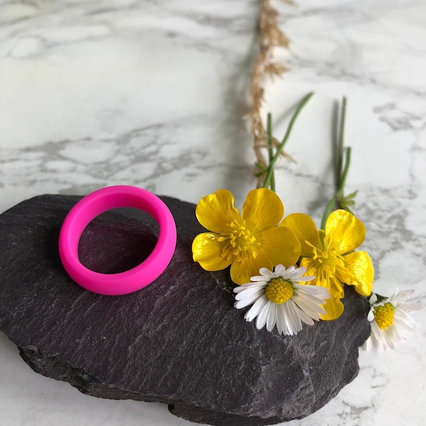 Bright Pink Silicone Rings for Women and Men, Unisex, Smooth Wedding Bands 5mm