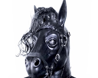 Pony Play Latex Mask, Black Horse latex Hood, Animal Costume, Halloween, Cosplay