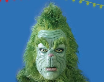 Die Grinch-Maske auch mit Latexaugen, Grüngelb, Grüne Weihnachtsmaske, Fuddy Duddy, Weihnachts-Cosplay