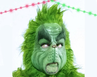 Grinch No Chin Maske, Gelbgrünes Fell, Originalfarbe, Weihnachtsgrüne Maske, Xmas Cosplay
