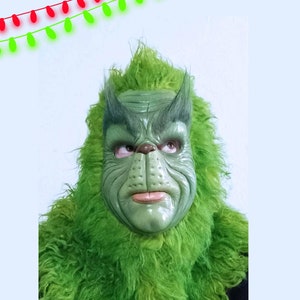Grinch Latex Mask Version 2, wider inside, Yellow Green Fur, Original color, Christmas Green mask,  Xmas Cosplay