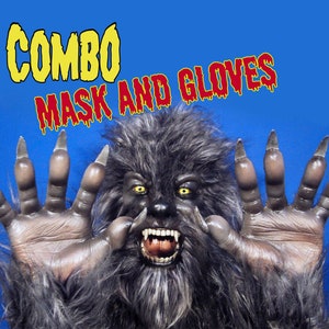Gray Werewolf Combo, Latex Mask + Latex Hand Gloves (pair), Wolfman, Lycanthrope, Mythical Monster