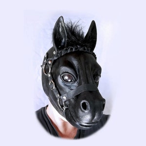 Pony Play Halblatexmaske, Kapuze, Mullen-Mundgebisse aus Gummi, innenliegend und tragbar, Fetisch handgefertigt