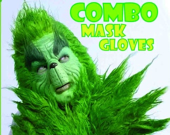 Grinchen-kombination, latexmask + latexhandskar (par), endast målad gulgrön päls