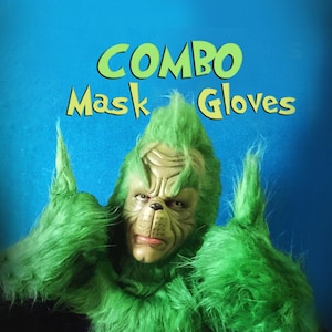 Grinch Combo, Latex Mask + Latex Hand Gloves (pair), Christmas Green mask, Fuddy Duddy, Xmas Cosplay