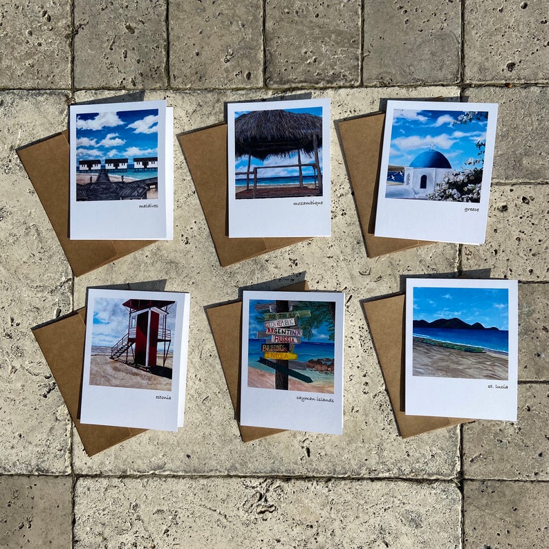 Polaroid Inspired \u2013 Kraft Envelopes Included 6 Count Blank Folded Note Card Set Travel Themed 5.5\u201d H x 4.25\u201d W \u2013 Original Paintings