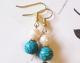 Turquoise Howlite Earrings with Moonscape Pearls | Dainty Jewelry | Dangling Earrings | Crystal Jewelry Handmade | Unique Gift Ideas for Her