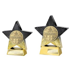 May include: Two star-shaped trophies with black and gold accents. The trophies have a gold base and a star-shaped top with the word "MATHEMATICS" and mathematical symbols. The base of the trophy has space for engraving.