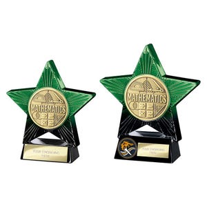 May include: Two star-shaped trophies with green and black accents. Each trophy features a gold-colored medallion with the word "MATHEMATICS" and mathematical symbols. The base of each trophy is black with a gold plate for engraving.
