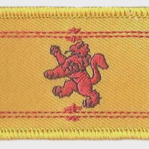 Könnte beinhalten: Gestickter Aufnäher mit dem schottischen Royal Standard. Der rechteckige Aufnäher hat einen goldenen Hintergrund mit einem roten, aufgerichteten Löwen in der Mitte. Rote Zierränder und ein goldfarbener, genähter Rand vervollständigen das Design.
