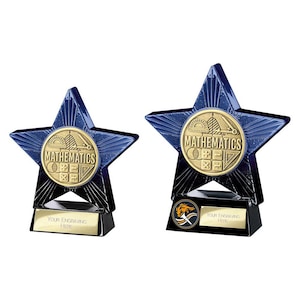 May include: Two star-shaped trophies with a blue and black design. Each trophy has a gold-colored emblem with the word "MATHEMATICS" and mathematical symbols. The base of each trophy is black with a gold plate that reads "Your Engraving Here."