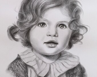 Portrait réalisé à la main à partir d'une photo fusain crayon œuvre originale, Cadeau fête des grandes mères, Cadeau bébé personnalisé,gift