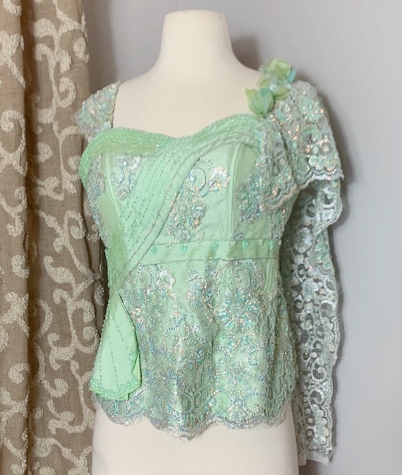 Handmade seafoam green beaded sequin and lace bust