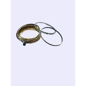 Gold & Silver Bangle Bracelets Set Of 3 With Blue Crystal Charm