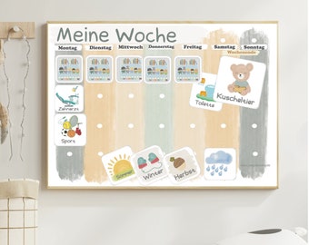 Puede incluir: Un gráfico semanal colorido con texto alemán para niños. El gráfico tiene un fondo gris con una franja vertical naranja claro, azul claro y verde claro. El gráfico tiene una sección para cada día de la semana, incluyendo lunes, martes, miércoles, jueves, viernes, sábado y domingo. El gráfico también tiene una sección para el fin de semana. El gráfico tiene imágenes de un dentista, deportes, un inodoro, un oso de peluche, un sol, guantes, una bellota y una nube con gotas de lluvia.
