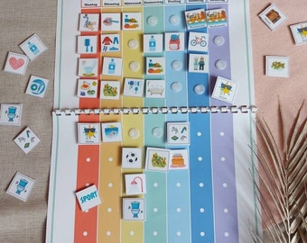 May include: A colorful weekly visual schedule for children with the name "Fiona" at the top. The schedule includes days of the week, activities, and a place to mark off completed tasks. The schedule is printed on a white background with a rainbow design.