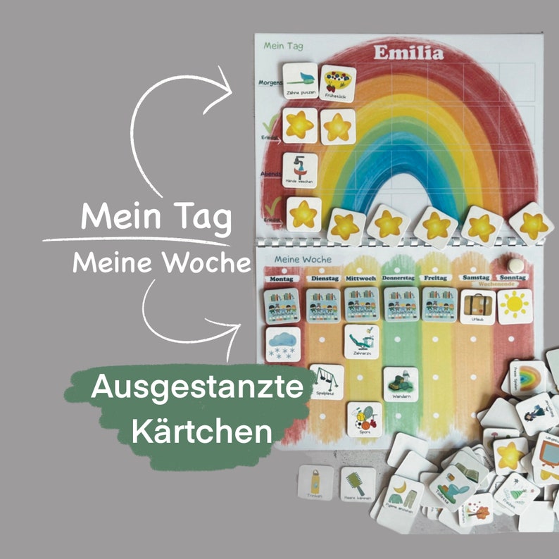 MEGA Wochenplaner und Tagesplaner Set für Kinder, Ausgestanzte Kärtchen, Routineplaner, Montessori, Deutsch Set 2