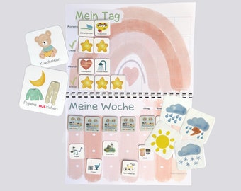 May include: A colorful chart with a rainbow design and a title that says "Mein Tag" and "Meine Woche". The chart is divided into sections for different activities, such as "Morgen", "Abends", "Montag", "Dienstag", "Mittwoch", "Donnerstag", "Freitag", "Samstag", and "Sonntag". There are also small images of different activities, such as a teddy bear, a star, a heart, a shower, a moon, a pair of pants, a bus, a house, a musical note, a boot, a popcorn bucket, a bicycle, and a sun.