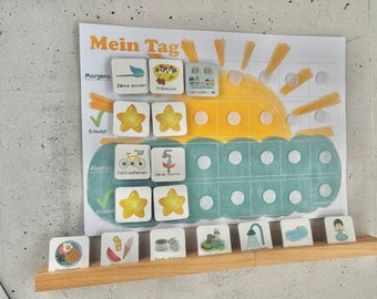 Könnte beinhalten: Eine weiße Tafel mit dem deutschen Wort "Mein Tag" (Mein Tag) oben. Die Tafel ist in drei Abschnitte unterteilt: "Morgens" (Morgen), "Abends" (Abend) und "Erledigt" (Erledigt). Jeder Abschnitt hat eine Checkliste mit Bildern und Text. Die Tafel ist mit einer gelben Sonne und einer blauen Wolke verziert. Es gibt auch mehrere kleine Karten mit Bildern darauf.