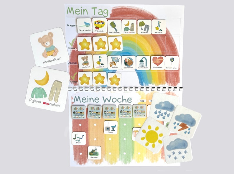 Wochenplan Kind, Routineplan, Tagesplan, Regenbogen, Montessori, Deutsch Bild 1