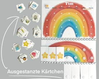 May include: A colorful rainbow chart with a white background and the name "Tim" at the top. The chart is divided into days of the week, with a separate section for "Weekend".  The chart is designed for a child to track their daily activities.  The chart includes a set of punch-out cards with various images, including a star, a heart, a cloud, and a pan.