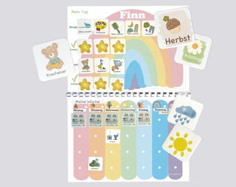 MEGA Wochenplan Kind Set Regenbogen, Ausgestanzte Kärtchen, Routineplan für Kinder und Jugendliche, personalisiert, Montessori, Deutsch