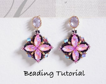 May include: A pair of pink and purple beaded earrings with a flower design. The earrings are hanging from gold hooks and have a clear crystal at the top. The earrings are on a white background with the text "Beading Tutorial".