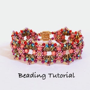 May include: A beaded bracelet with a floral design in shades of pink, red, gold, and green. The bracelet is made with seed beads and features a decorative clasp.