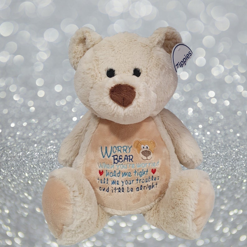 Comfort bear with reassurance poem. Worry bear. Anxiety bear. Embroidered. Personalised. Cuddle teddy. Childrens worry gift. 