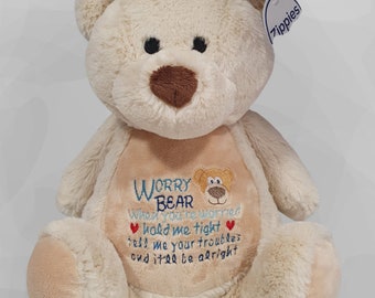 Comfort bear with reassurance poem. Worry bear. Anxiety bear. Embroidered. Personalised. Cuddle teddy. Childrens worry gift.