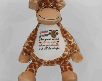 Worry Giraffe. Reassurance poem. Anxiety/comfort toy. Embroidered and can be personalised. Cute giraffe gift.