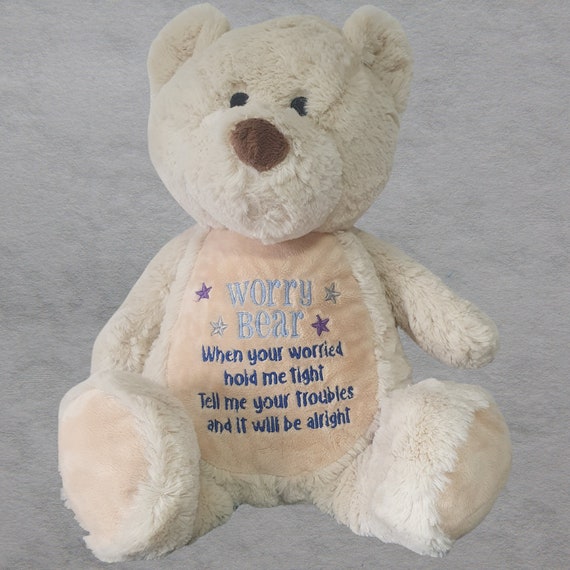 Comfort bear with reassurance poem. Worry bear. Anxiety bear. Embroidered. Personalised. Cuddle teddy. Childrens worry gift