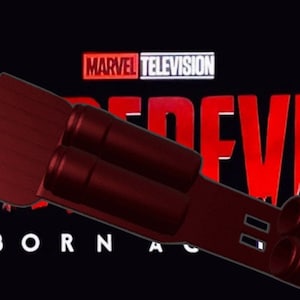 May include: A dark red prop weapon, possibly a gauntlet or arm-mounted device, against a black background. The Marvel Television logo is at the top, with the word "DAREDEVIL" in large red letters and "BORN AGAIN" in white.