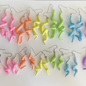 Colorful Pastel Worm Earrings, hand crafted jewelry, large worms, small worms, earthworm, bug jewelry, rainbow, unique, cute, weird, gift
