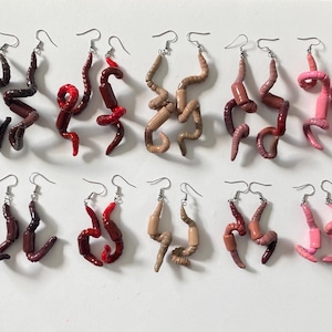 Realistic Worm Earrings, hand crafted jewelry, large worms, small worms, earthworm, bug jewelry, macabre, weird, different sizes and colors