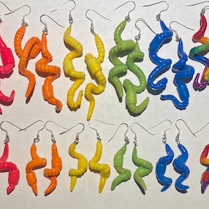 Colorful Neon Worm Earrings, glow in the dark,  hand crafted jewelry, large worms, small worms, earthworm, bug jewelry, rainbow, unique