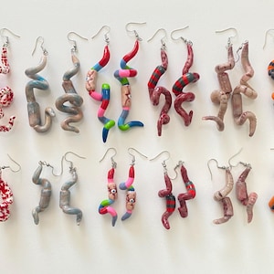 Horror Worm Earrings, Halloween jewerly, scary movies, earthworm, parasites, Freddy kreuger, chucky, black and orange, unique gift, bug