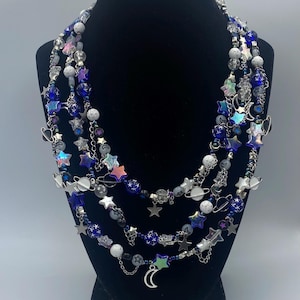 Starry sky clutter necklace, stars, chains, witchy, night, jewelry, planet, space theme, tiered necklace, blue, silver, white, moon, galaxy